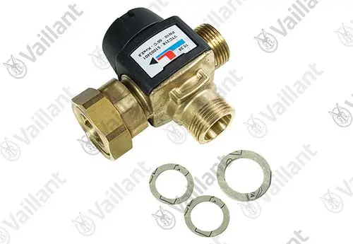 Vaillant Thermostat mit Messanschluss und mehreren Unterlegscheiben, aus Messing und Kunststoff, für die Regulierung von Heizungsanlagen.
